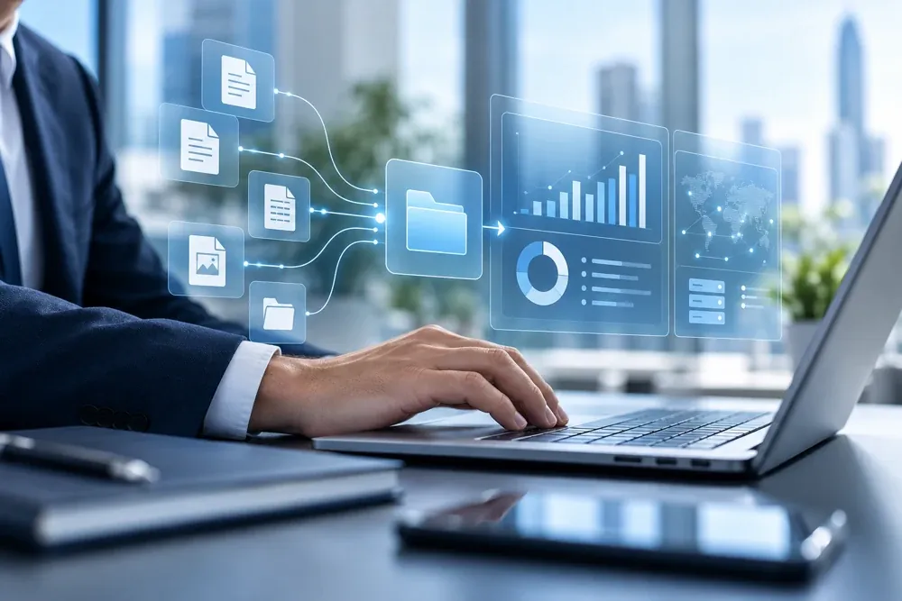 Espace de travail numérique avec documents organisés, données connectées et tableau de bord